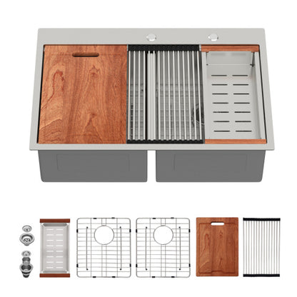 Topmount Drop in Kitchen Sink - 33" x 22" x 10" Double Bowl (50/50) Kitchen Sink 16 Gauge with Two 10" Deep Basin, Brushed Nickel