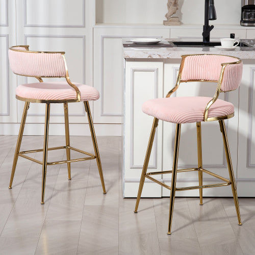 (SET of 2) 26inch  Counter height bar stools Corduroy kitchen island counter bar stool with back,golden chromed base and footrest (PINK)