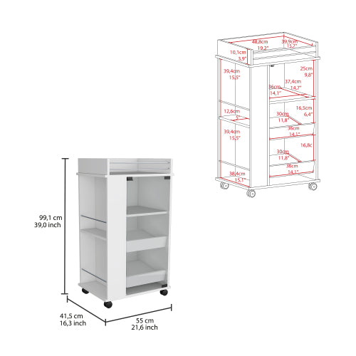 Bar Cart with Casters, Glass Door and 2-Side Shelf