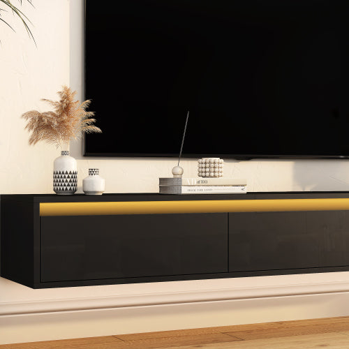 Black Wall Mount High Gloss Floating TV Cabinet with Touch LED Strip & Power Outlet