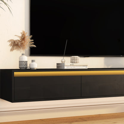 Black Wall Mount High Gloss Floating TV Cabinet with Touch LED Strip & Power Outlet