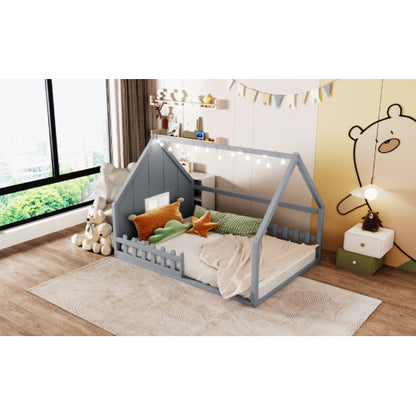 Full Size Wood House Bed with Window and Fence, Gray