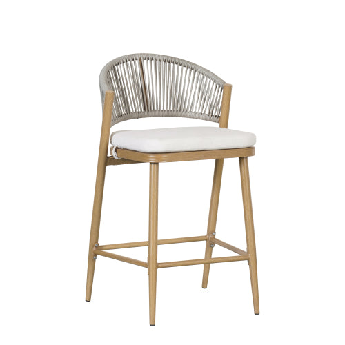 Outdoor 26" Seat Height Aluminum Frame Counter Stools with PE Rattan Scallop-shaped Backrest, Set of 2, Maple Finish