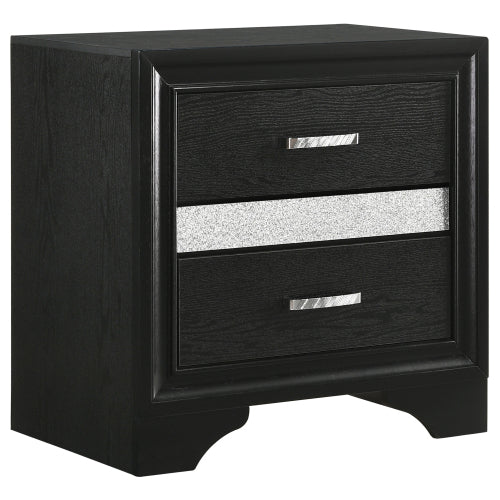 Black 2 Drawer Nightstand with Hidden Jewelry Tray, Modern Bedside Table with Crystal Handle, Storage Cabinet