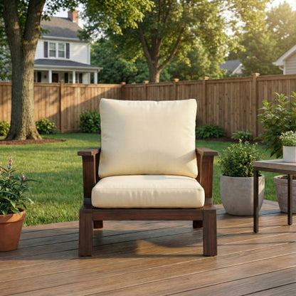 Patio Accent Chair 27.6" Wood Chair Outdoor Lounge Chair for Patios, Gardens, or Balcony, Dark Brown +Beige Cushion