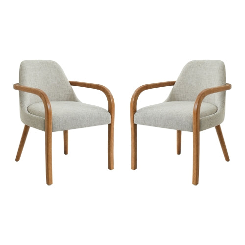 Set of 2 Mid-Century Beige Fabric Dining Arm Chairs, Rubber Wood Legs, 250 lbs Capacity