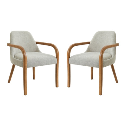 Set of 2 Mid-Century Beige Fabric Dining Arm Chairs, Rubber Wood Legs, 250 lbs Capacity
