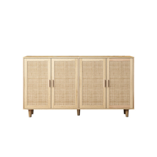 62.2 Inch Natural Rattan Four-Door Storage Cabinet Particle Board Solid Wood Leg Adjustable Shelf Household Sideboard Cabinet