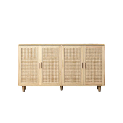 62.2 Inch Natural Rattan Four-Door Storage Cabinet Particle Board Solid Wood Leg Adjustable Shelf Household Sideboard Cabinet