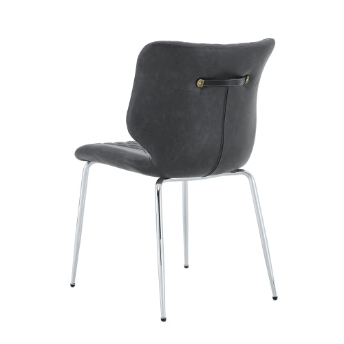 Set of 2 Dark Gray Crazy Horse Oil Wax Leather Dining Chairs, Electroplated Metal Leg Diamond Tuft High Back Chairs