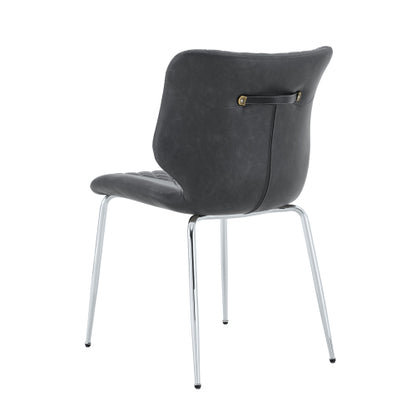 Set of 2 Dark Gray Crazy Horse Oil Wax Leather Dining Chairs, Electroplated Metal Leg Diamond Tuft High Back Chairs