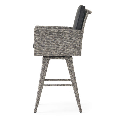 30" Outdoor Wicker Swivel Barstool with Water Resistant Cushion, Mixed Black and Dark Grey