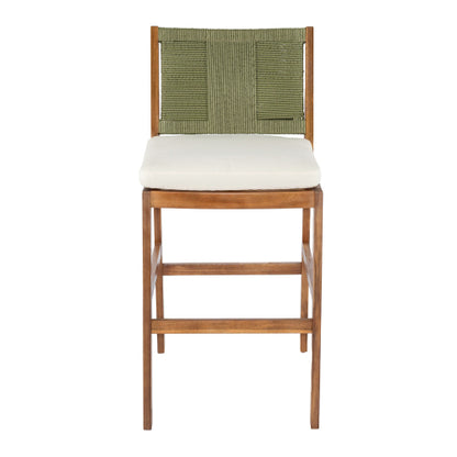 Outdoor Acacia Wood Bar Stools (Set of 2), Teak Finish Bar Height Chairs with Cream Cushion & Green Wicker Back, Counter Height Stools for Patio, Poolside, Kitchen Island