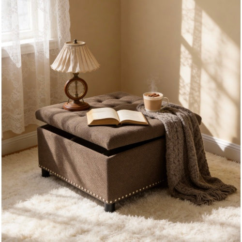 Dark Brown Tufted Square Storage Ottoman with Nailhead Trim, Upholstered Accent Foot Stool