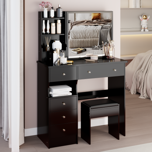 37" Middle Size Left Drawer Desktop Vanity Table + Cushioned Stool, Extra Large Right sliding mirror, Multi Layer High Capacity Storage, Practical Fashionable Dresser, Suitable For Large Space