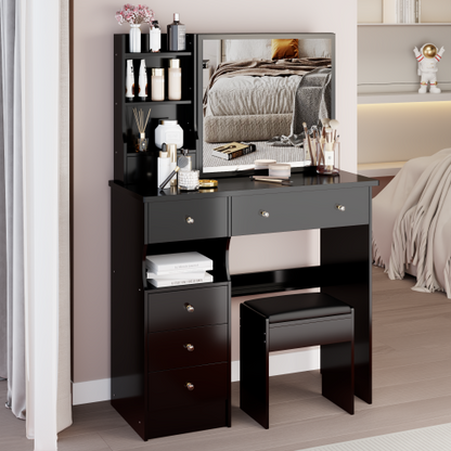37" Middle Size Left Drawer Desktop Vanity Table + Cushioned Stool, Extra Large Right sliding mirror, Multi Layer High Capacity Storage, Practical Fashionable Dresser, Suitable For Large Space