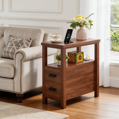 End Table with Charging Station,Side Tables with USB Ports & Outlets,Side Table with 2 Drawers, Small Wood Bedside Table, Small Rustic Side Table, Modern End Table with Drawer