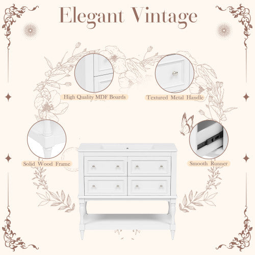 36" Bathroom Vanity Cabinet with Sink Combo Set, Undermount Ceramic Sink, Free Standing Vanity Set with 4 Drawers, Solid Wood Frame Bathroom Cabinet, White