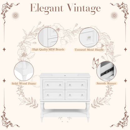 36" Bathroom Vanity Cabinet with Sink Combo Set, Undermount Ceramic Sink, Free Standing Vanity Set with 4 Drawers, Solid Wood Frame Bathroom Cabinet, White