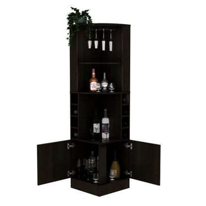 Corner Bar Cabinet, Eight Bottle Cubbies, Double Door, Two Open Shelves -Black