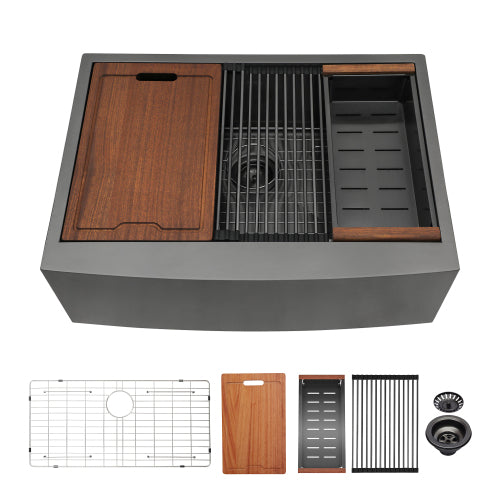 33x22x10"Farmhouse Apron Single Bowl Stainless Steel Kitchen Sink with Workstation