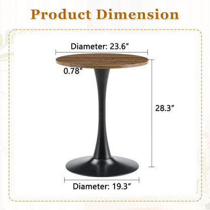 23.6 Inch Walnut Round Dining Table Set with 2 Brown Suede Leather Chairs, Space-Saving 2-Piece Casual Coffee Table Set
