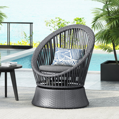 26.7" Modern Gray Swivel Wicker Lounge Chair with Rattan and Iron Frame, Featuring a Stylish Round Design, Perfect for Living Room, Patio, or Balcony Relaxation