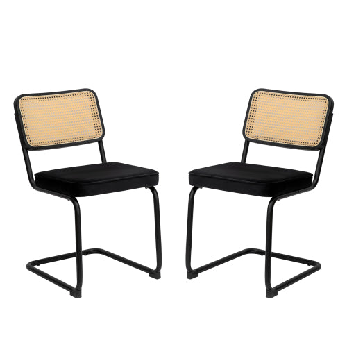 Set of 2 Black Velvet Rattan Cantilever Dining Chairs, Chrome Tubular Steel Breuer Stackable Side Chairs