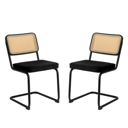 Set of 2 Black Velvet Rattan Cantilever Dining Chairs, Chrome Tubular Steel Breuer Stackable Side Chairs