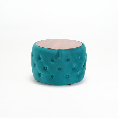Blue 2-Piece Velvet Nesting Storage Ottoman Set, 4-in-1 Round Foot Stool with Wooden Tray, Ready to Use