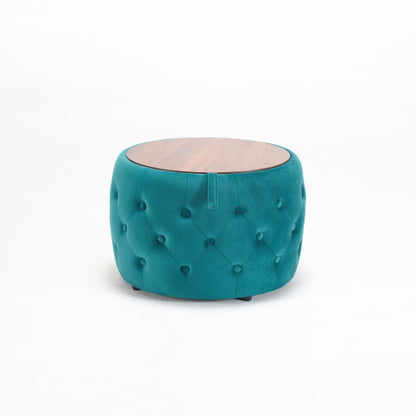 Blue 2-Piece Velvet Nesting Storage Ottoman Set, 4-in-1 Round Foot Stool with Wooden Tray, Ready to Use