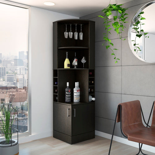 Corner Bar Cabinet, Eight Bottle Cubbies, Double Door, Two Open Shelves -Black