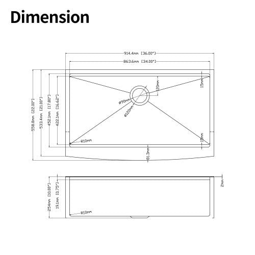 36x22x10"Farmhouse Apron Single Bowl Stainless Steel Kitchen Sink with Workstation