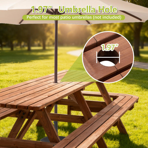Brown Picnic Table with Benches for 14-16 Persons, Nearly 8-Foot Long Outdoor Wooden Rectangle Table for Patio, Garden, Backyard, Large Outside Dining Set with Umbrella Hole