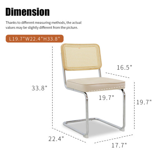 Set of 2 Champagne Velvet Rattan Cantilever Dining Chairs, Chrome Tubular Steel Breuer Stackable Side Chairs