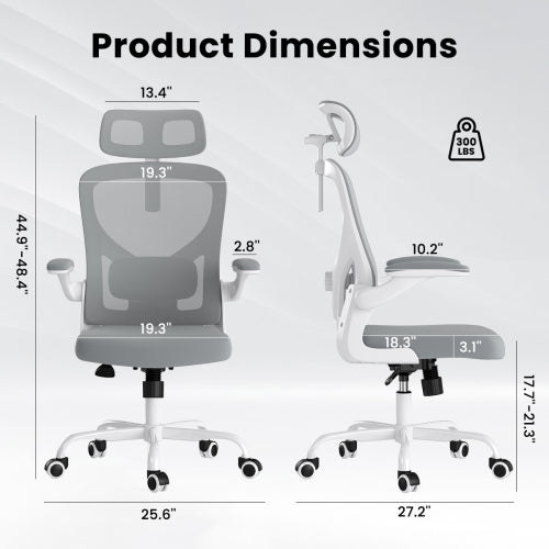 Ergonomic Office Chair, Home Office Desk Chair with Headrest, High Back Computer Chair with Armrests and Adjustable Lumbar Support for Home Office Study Room, White & Gray
