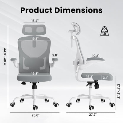 Ergonomic Office Chair, Home Office Desk Chair with Headrest, High Back Computer Chair with Armrests and Adjustable Lumbar Support for Home Office Study Room, White & Gray