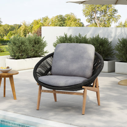 Cyril Outdoor Wicker Papasan Style Lounge Chair, Dark Grey Wicker with Grey Cushion