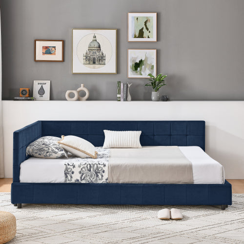 Full Size Upholstered Tufted  Bed Frame, Sofa Bed Frame with Comfortable Backrest and Armrests, Full Size Bed for Bedroom, Living Room,Velvet, Dark blue(80.5inch *59inch *30.5inch )