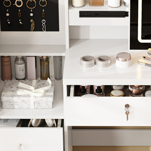 White Vanity Desk Set with Sliding Lighted Mirror, 4 Drawers & 9 Storage Spaces, Hidden Compartments, Cushioned Stool