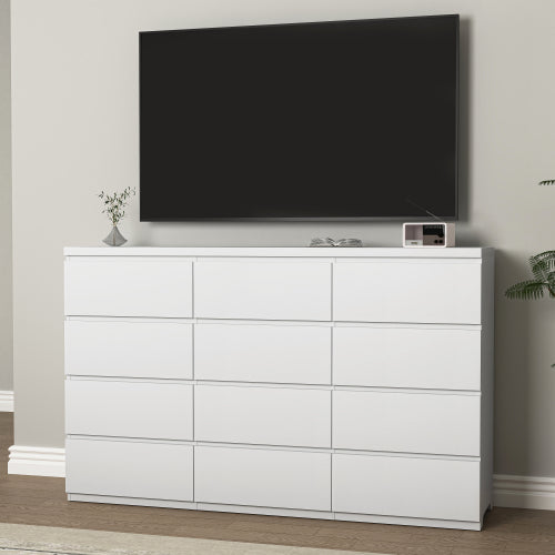 12 Drawers Double Dresser, Modern Wood Dresser Chest of Drawers with Large Storage Space for Bedroom, White