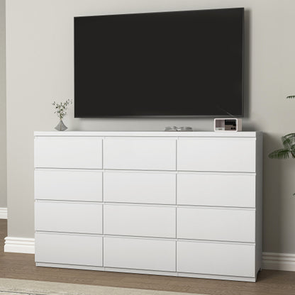 12 Drawers Double Dresser, Modern Wood Dresser Chest of Drawers with Large Storage Space for Bedroom, White