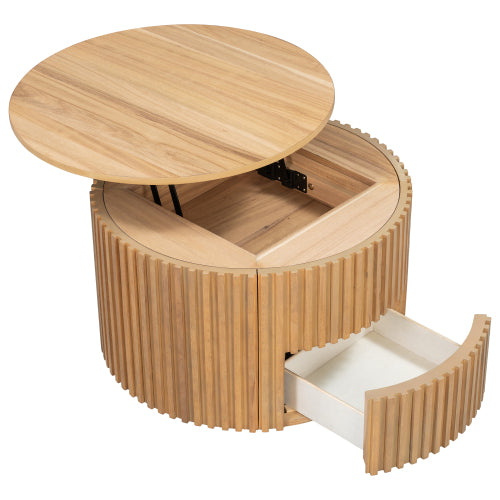 Round Lift Top Coffee Table Storage Fluted Wood MDF Solid Wood Living Room Table