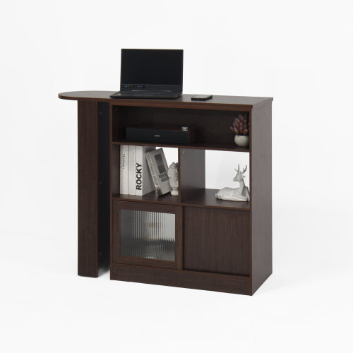 Modern Bar Cabinet with Rotating top, Counter Height Dining Cabinet with 6 Storage space and 2 Ribbed Glass Door for Kitchen, The Rotating Top with 3 Storage Shelves Dining Room, Living Room, Walnut