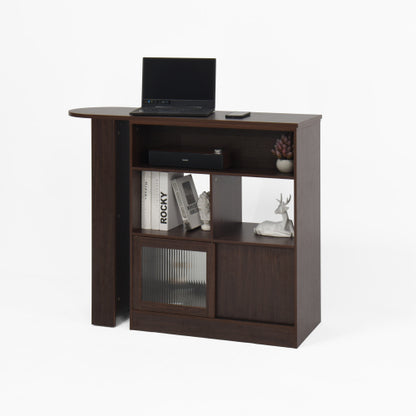 Modern Bar Cabinet with Rotating top, Counter Height Dining Cabinet with 6 Storage space and 2 Ribbed Glass Door for Kitchen, The Rotating Top with 3 Storage Shelves Dining Room, Living Room, Walnut