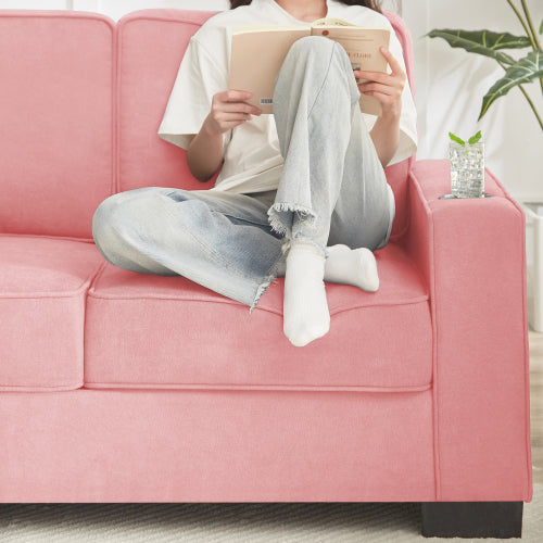 Pink 83.86-Inch Modern Compressed 3-Seater Snow-Fleece Sofa with Dual-Side Cup Holders