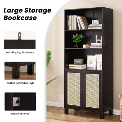 Walnut Tall 5-Tier Bookshelf With Rattan Closed Doors Large-Capacity Wooden Home Library Storage Bookcase