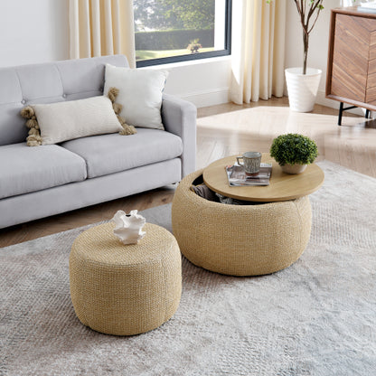 Natural Rattan Fabric Round Storage Ottoman with Inner Stool, 2 in 1 Footrest & Side Table, 25 inch x25 inch x14.7 inch