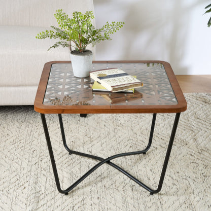 Modern Industrial Square Coffee Table Glass Top Metal Frame Wooden Accent Living Room Table