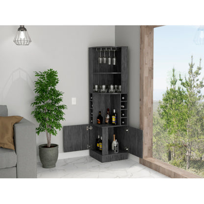 Corner Bar Cabinet, Eight Bottle Cubbies, Double Door, Two Open Shelves -Smokey Oak